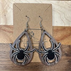Halloween Wooden Earrings Big Black Scary Spider
